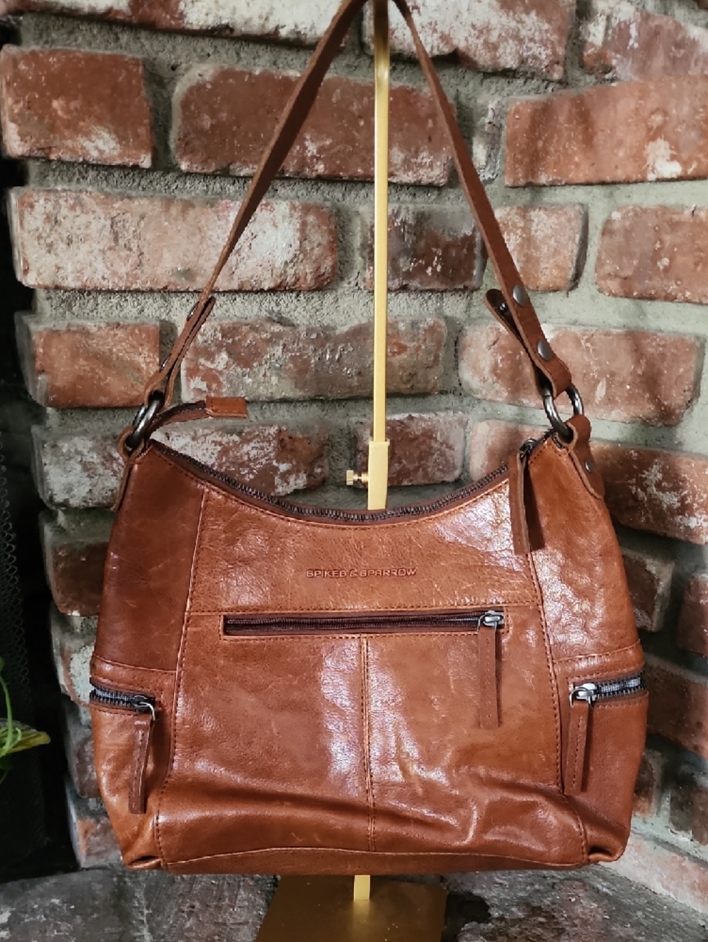 Spikes & Sparrow Tan Leather Shoulder Bag Slouchy Hobo Distressed Zip Pockets